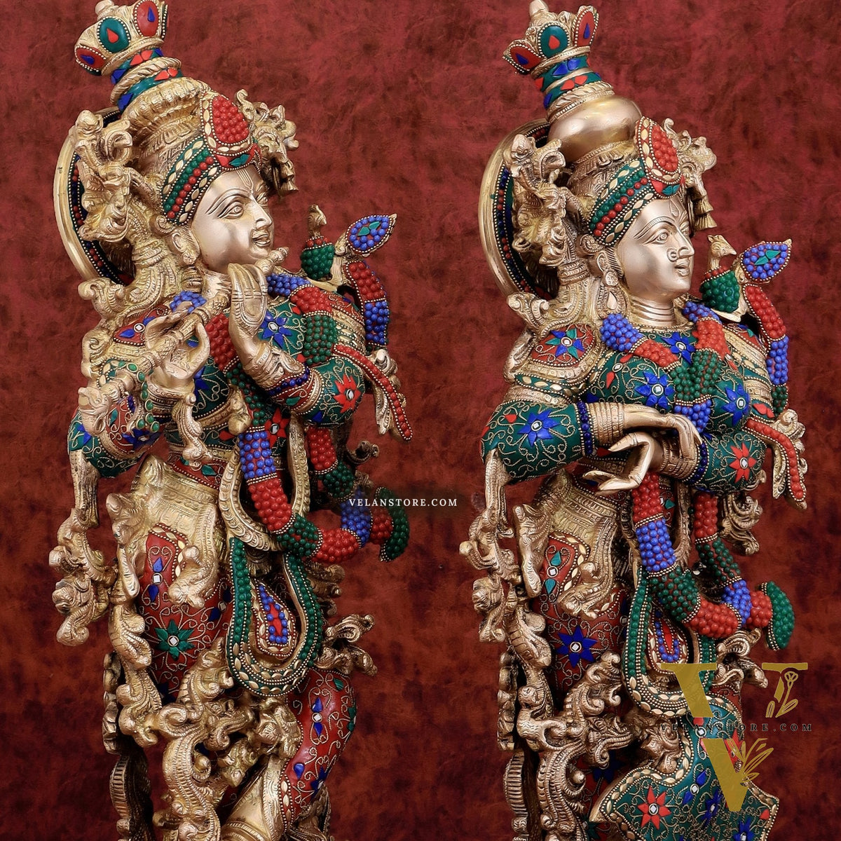Exquisite Pure Brass Radha Krishna Statues on lotus base with Intricate Stonework – 27 Inch