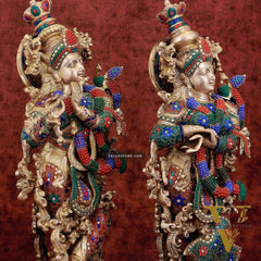 Exquisite Pure Brass Radha Krishna Statues on lotus base with Intricate Stonework – 27 Inch