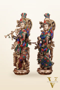 Exquisite Pure Brass Radha Krishna Statues on lotus base with Intricate Stonework – 27 Inch