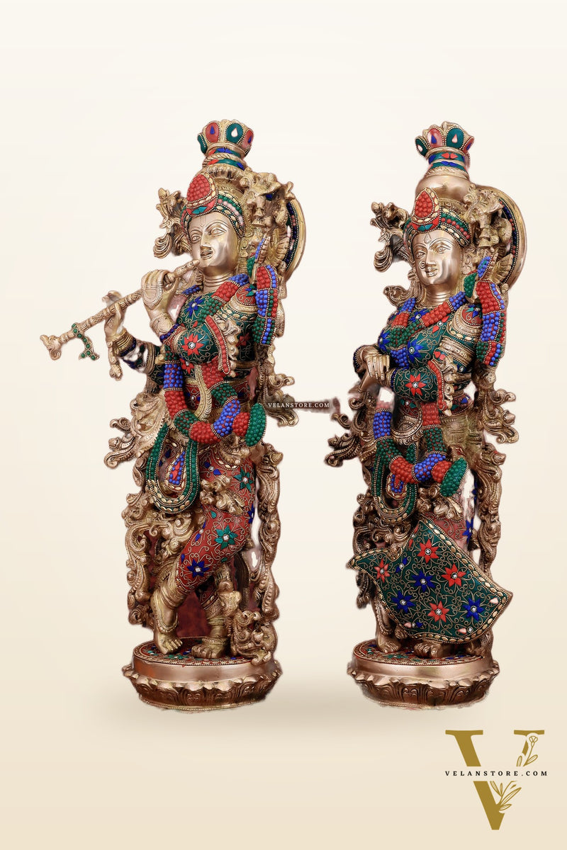 Exquisite Pure Brass Radha Krishna Statues on lotus base with Intricate Stonework – 27 Inch