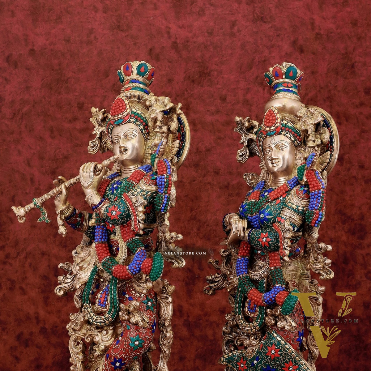 Exquisite Pure Brass Radha Krishna Statues on lotus base with Intricate Stonework – 27 Inch