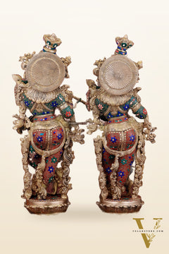 Exquisite Pure Brass Radha Krishna Statues on lotus base with Intricate Stonework – 27 Inch