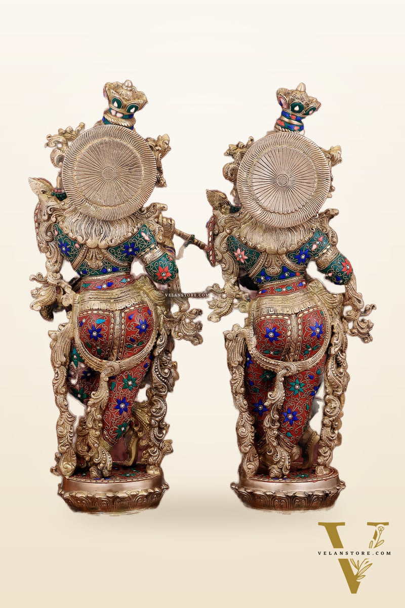 Exquisite Pure Brass Radha Krishna Statues on lotus base with Intricate Stonework – 27 Inch
