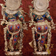 Exquisite Pure Brass Radha Krishna Statues on lotus base with Intricate Stonework – 27 Inch
