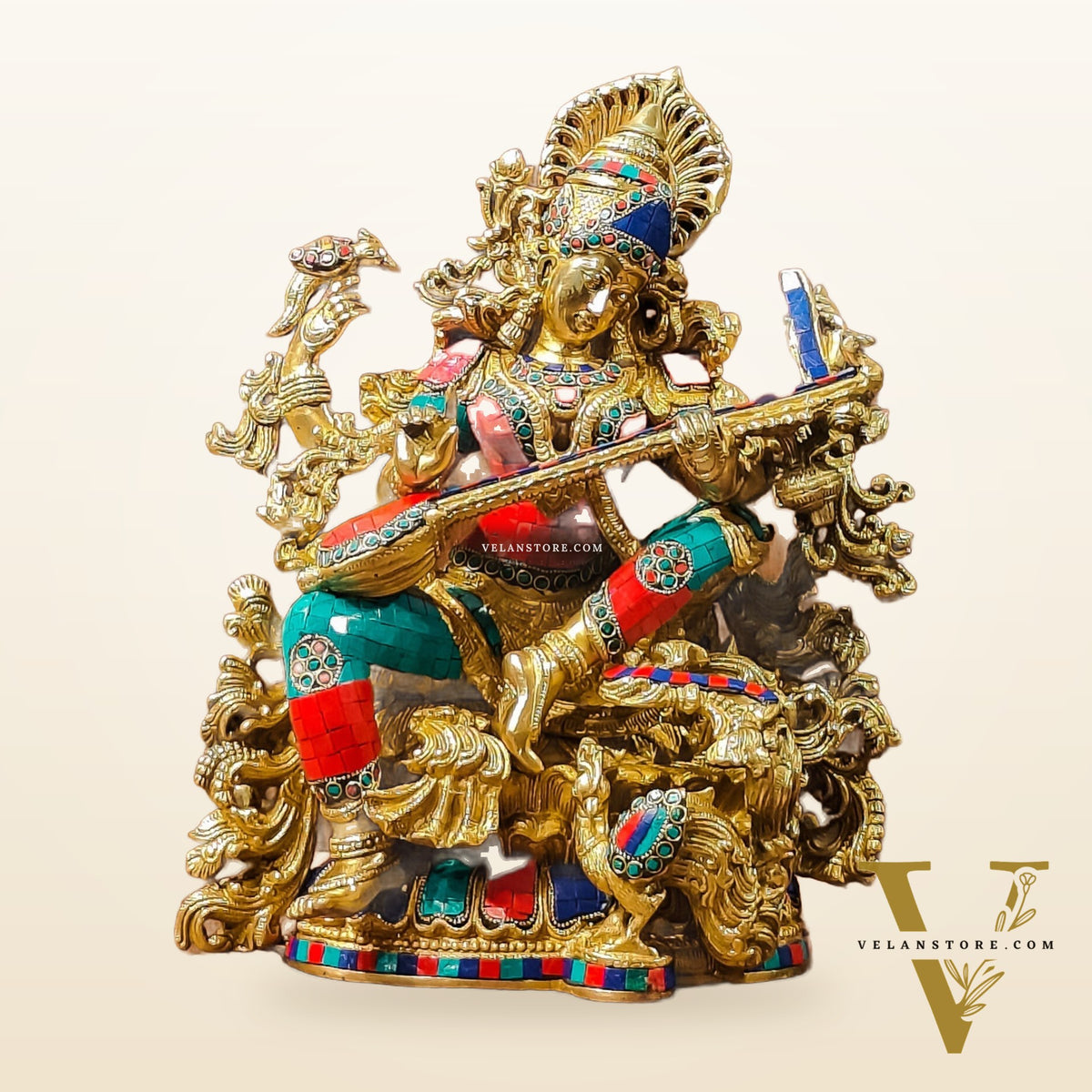 Exquisite Pure Brass Saraswati Idol with Stonework - Divine Wisdom Embodied