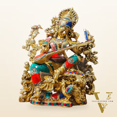 Exquisite Pure Brass Saraswati Idol with Stonework - Divine Wisdom Embodied