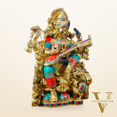 Exquisite Pure Brass Saraswati Idol with Stonework - Divine Wisdom Embodied