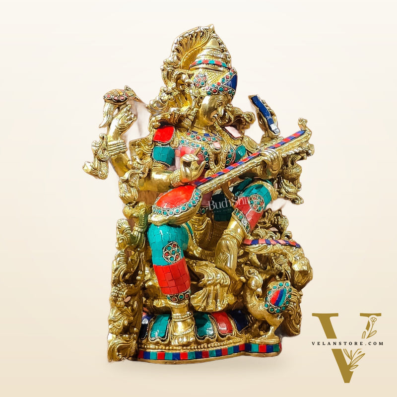 Exquisite Pure Brass Saraswati Idol with Stonework - Divine Wisdom Embodied