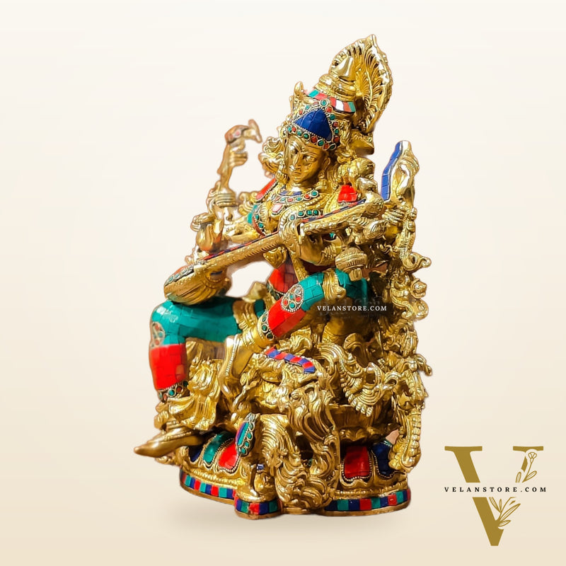 Exquisite Pure Brass Saraswati Idol with Stonework - Divine Wisdom Embodied