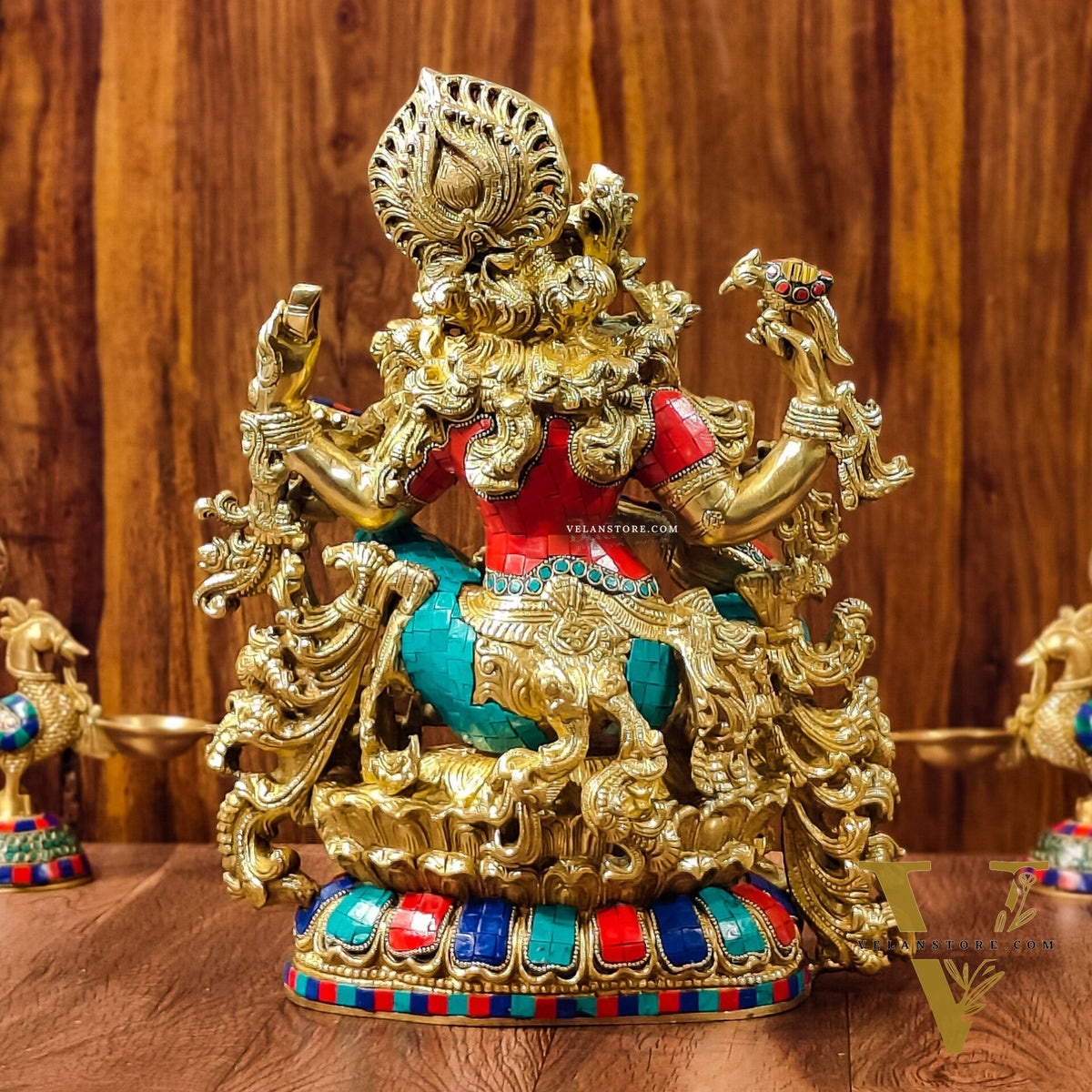 Exquisite Pure Brass Saraswati Idol with Stonework - Divine Wisdom Embodied