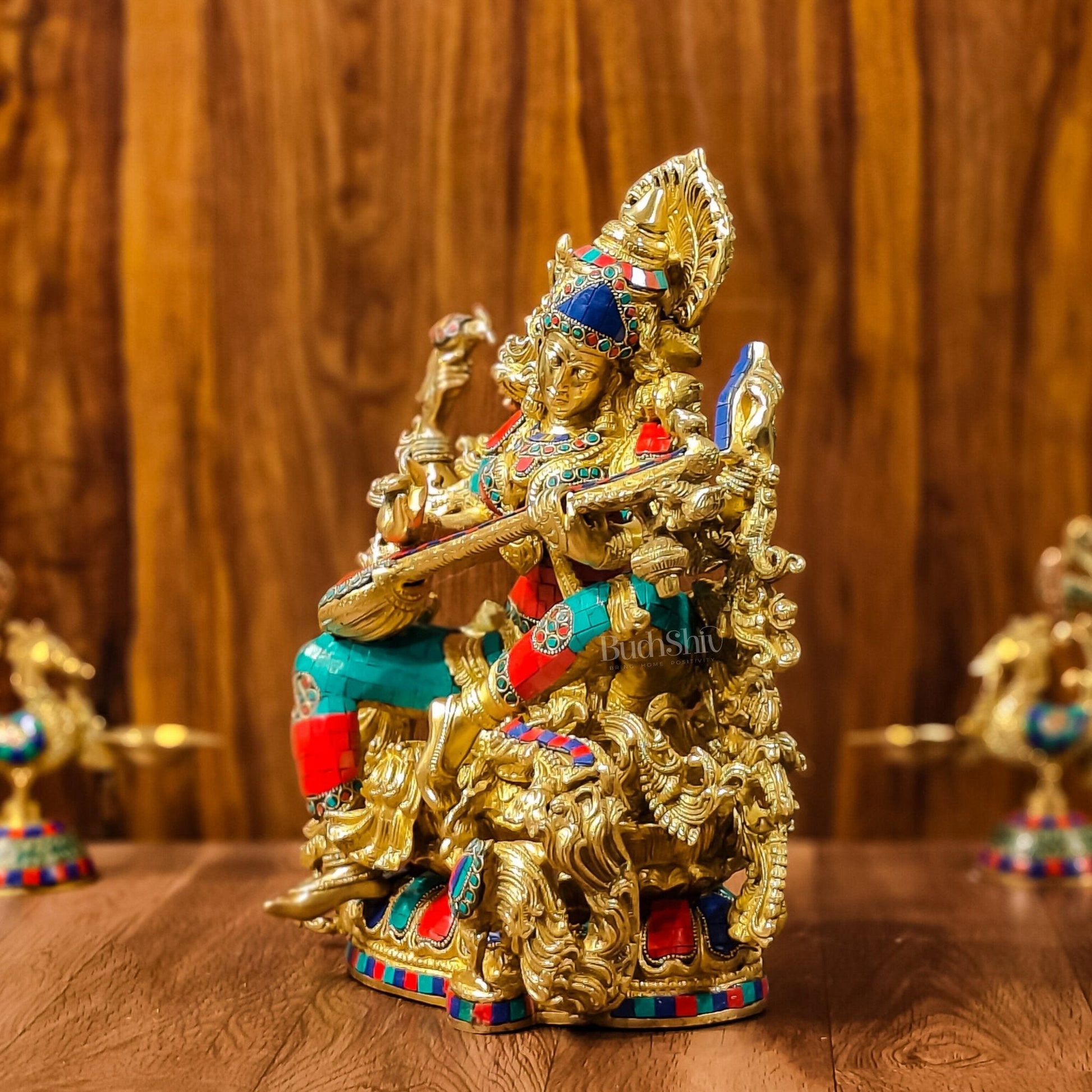 Exquisite Pure Brass Saraswati Idol with Stonework - Divine Wisdom Embodied