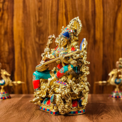 Exquisite Pure Brass Saraswati Idol with Stonework - Divine Wisdom Embodied