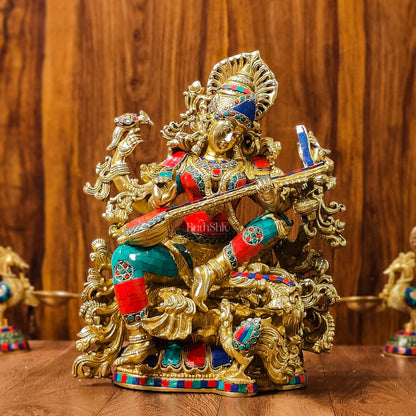 Exquisite Pure Brass Saraswati Idol with Stonework - Divine Wisdom Embodied