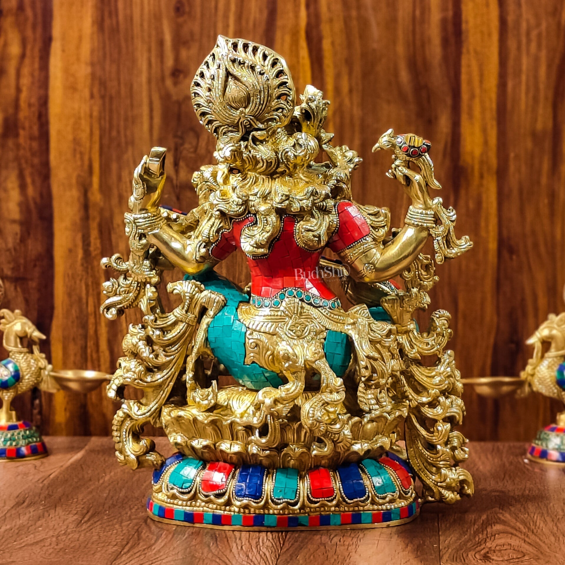 Exquisite Pure Brass Saraswati Idol with Stonework - Divine Wisdom Embodied