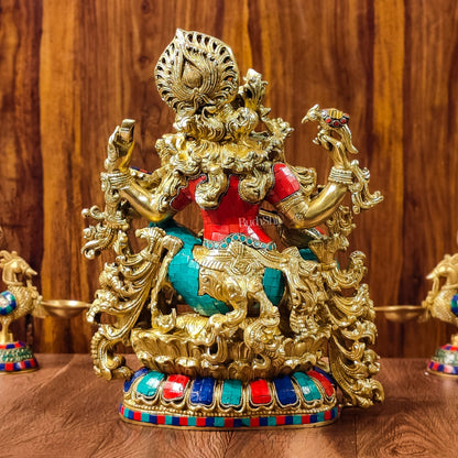 Exquisite Pure Brass Saraswati Idol with Stonework - Divine Wisdom Embodied