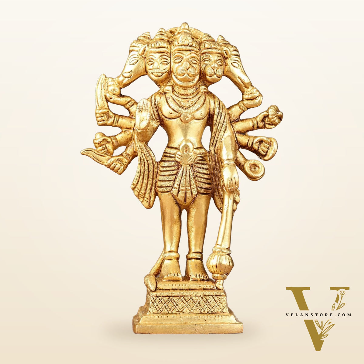 Exquisite Pure Brass Standing Panchmukhi Hanuman Idol - 7"