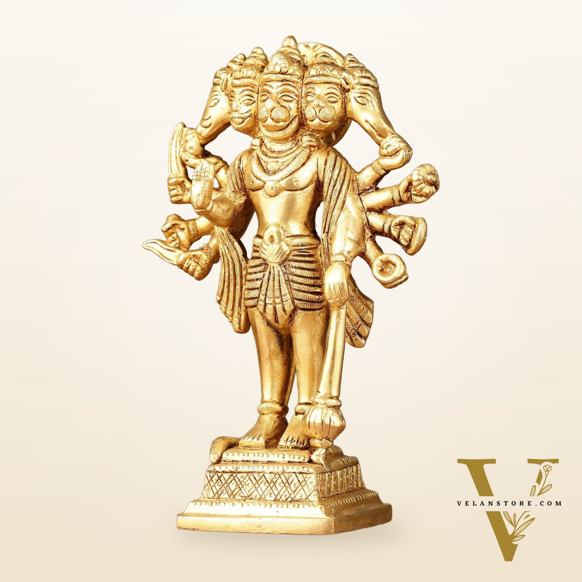 Exquisite Pure Brass Standing Panchmukhi Hanuman Idol - 7"