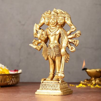 Exquisite Pure Brass Standing Panchmukhi Hanuman Idol - 7"