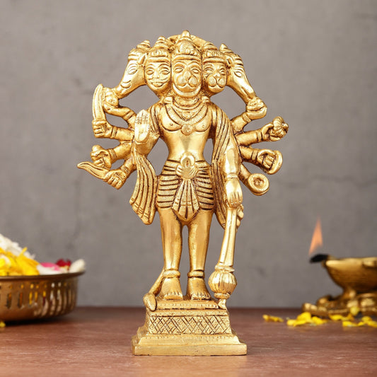 Exquisite Pure Brass Standing Panchmukhi Hanuman Idol - 7"