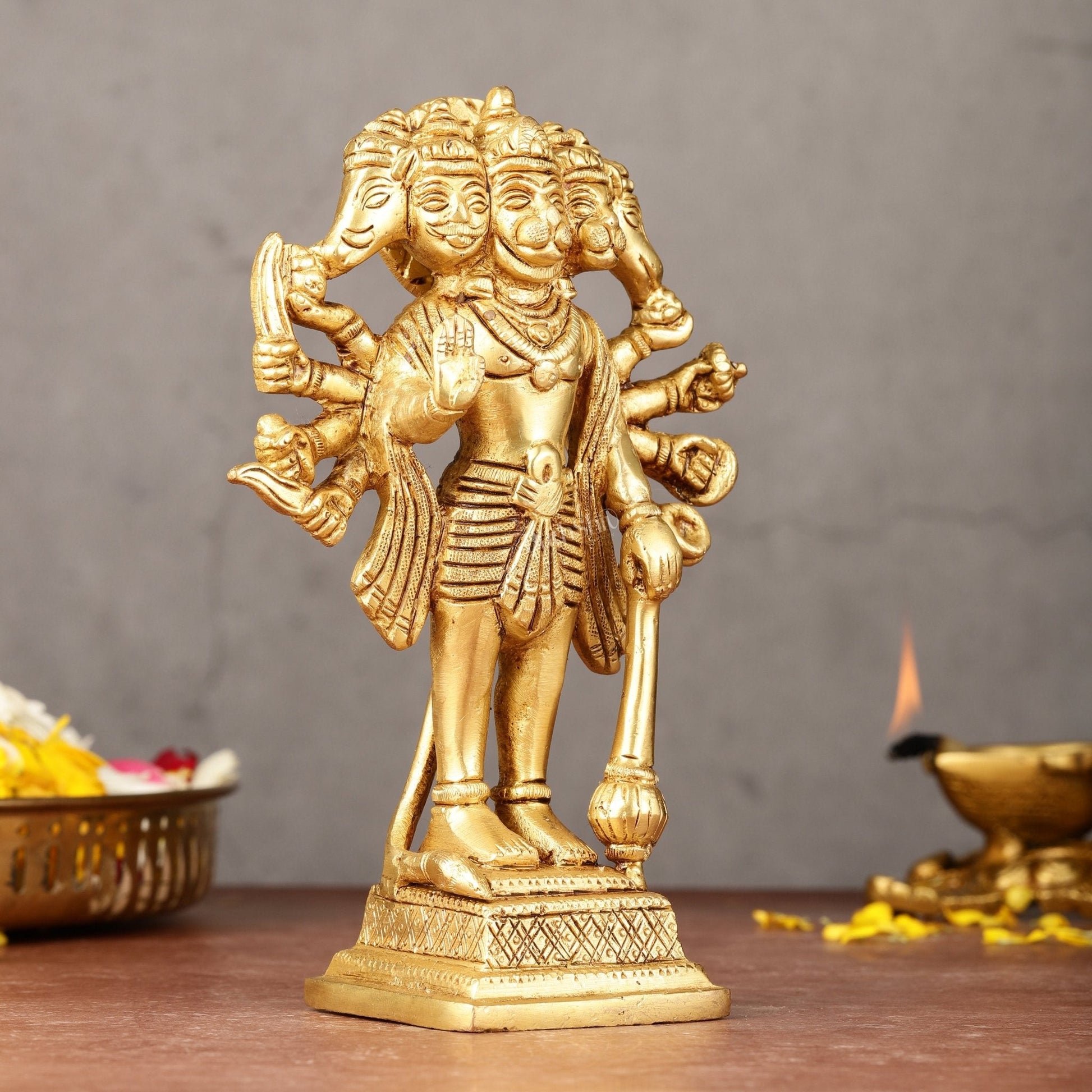 Exquisite Pure Brass Standing Panchmukhi Hanuman Idol - 7"