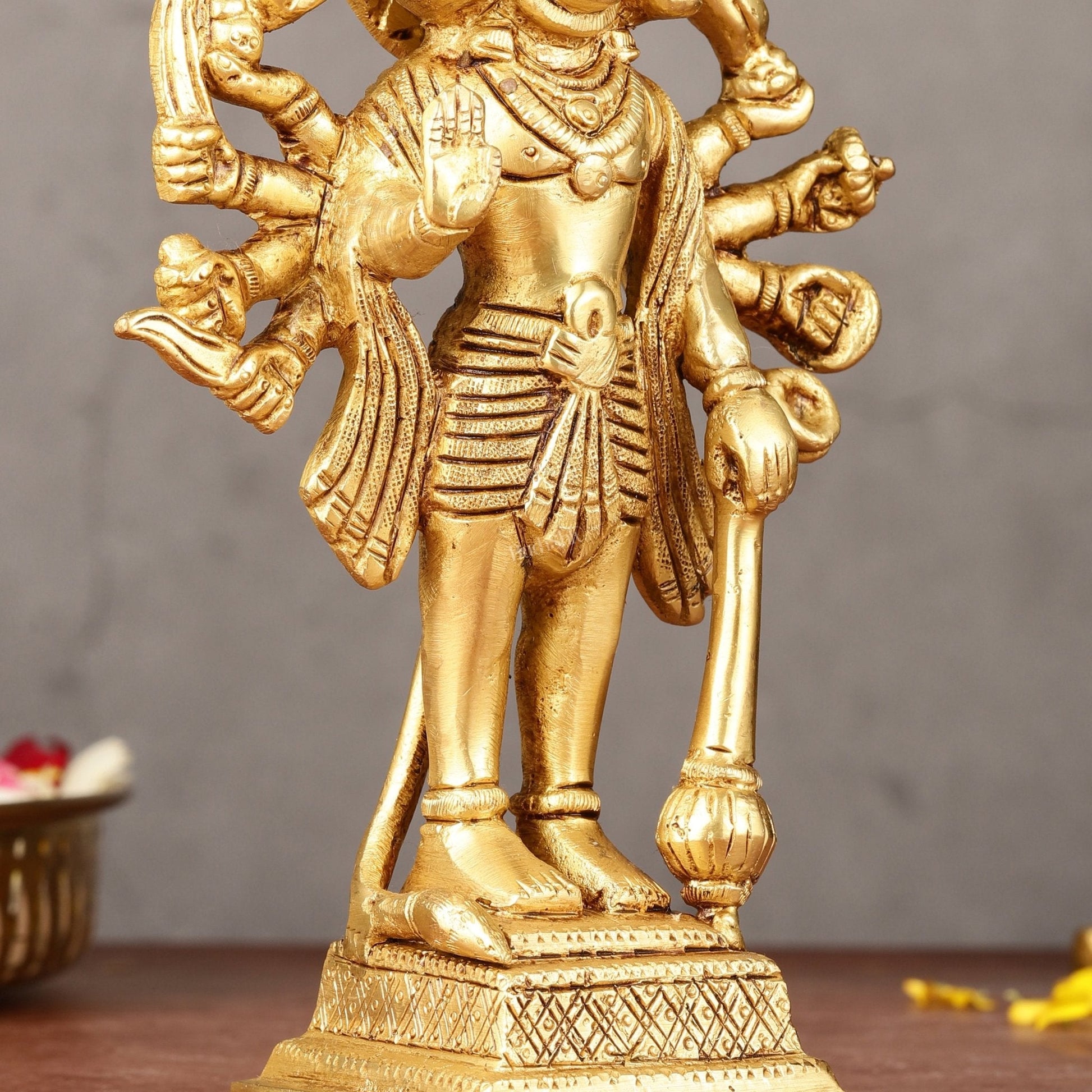 Exquisite Pure Brass Standing Panchmukhi Hanuman Idol - 7"
