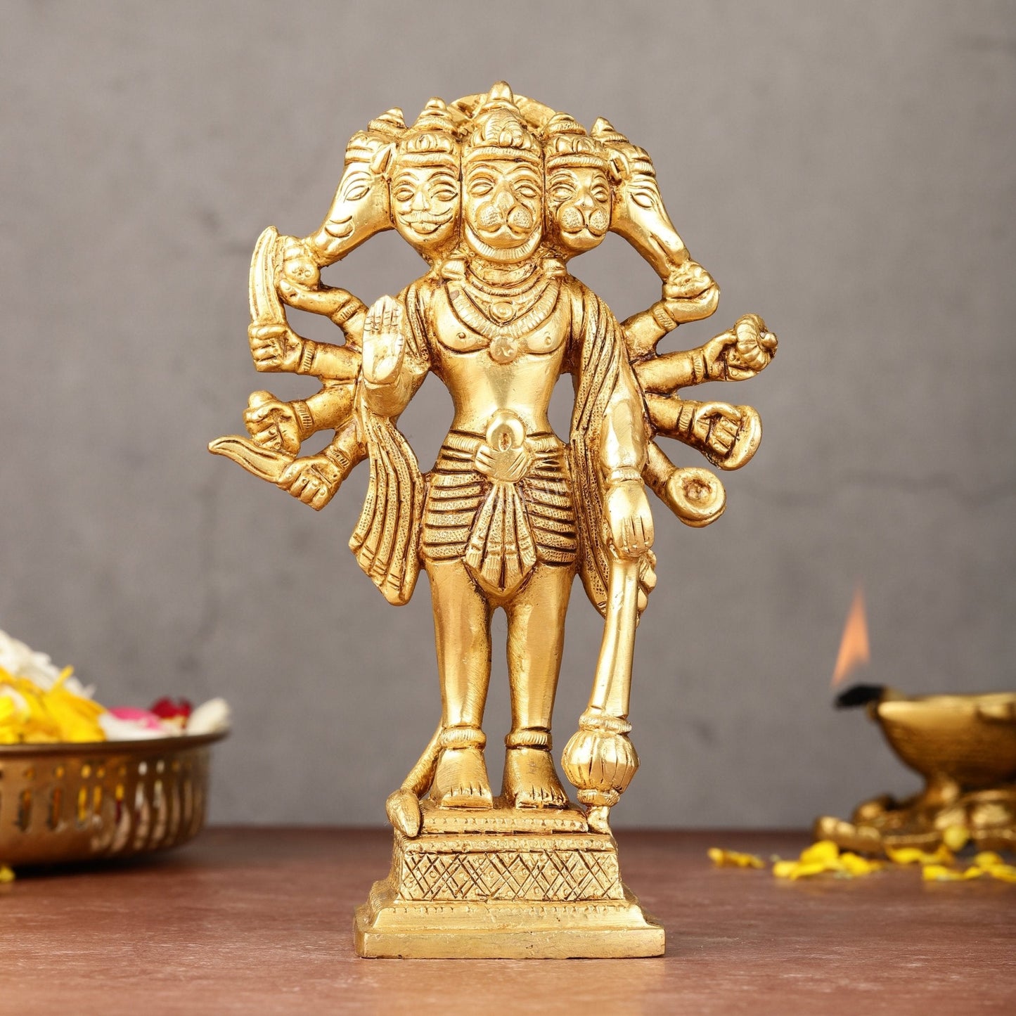 Exquisite Pure Brass Standing Panchmukhi Hanuman Idol - 7"