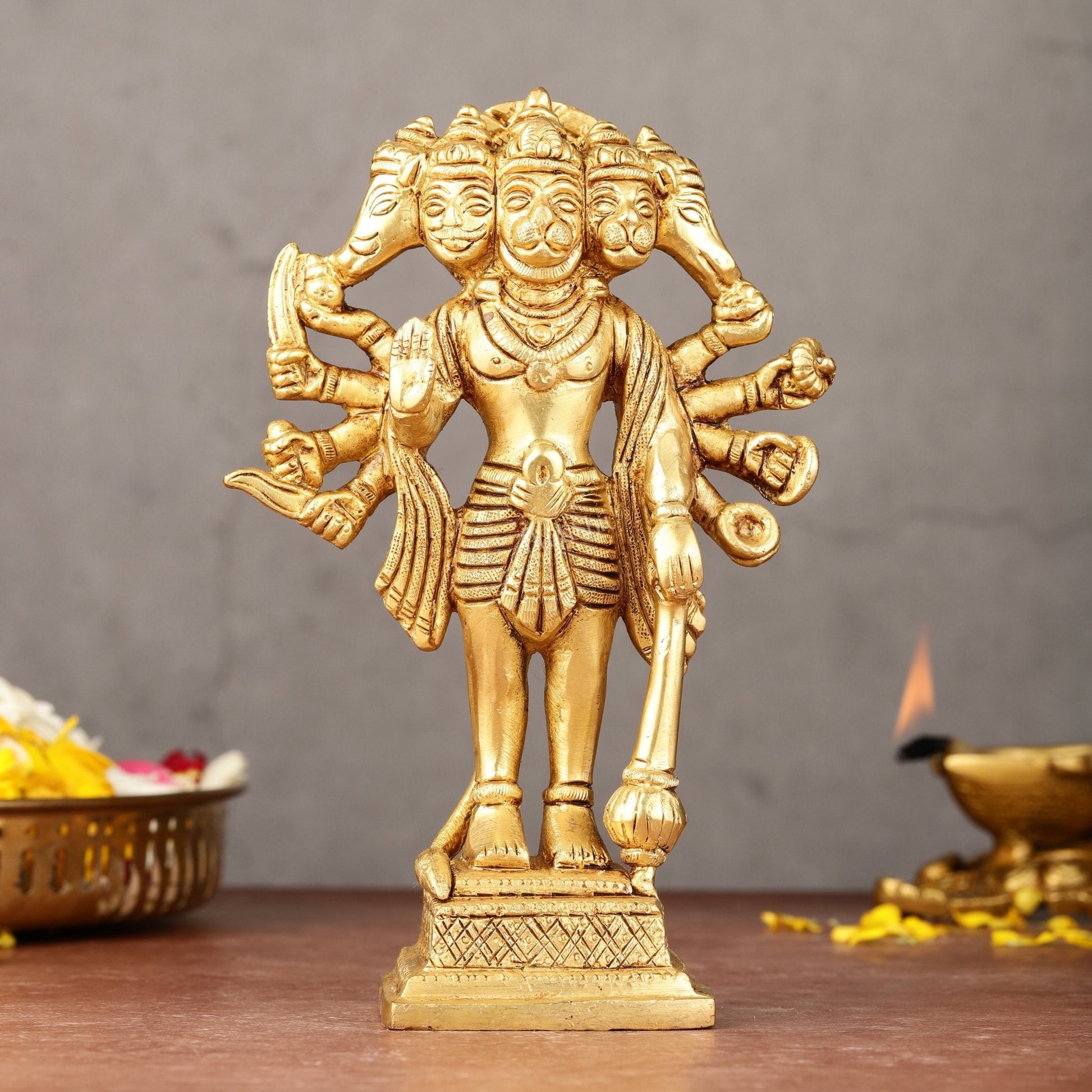 Exquisite Pure Brass Standing Panchmukhi Hanuman Idol - 7"