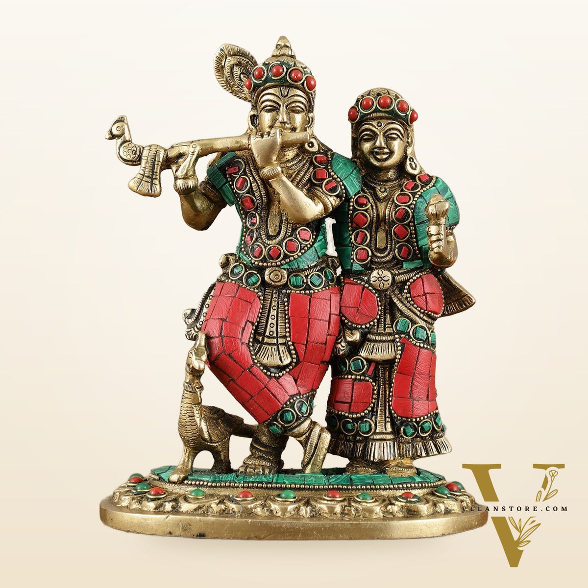 Exquisite Pure Brass Superfine Radha Krishna Idol – 7 inch stonework