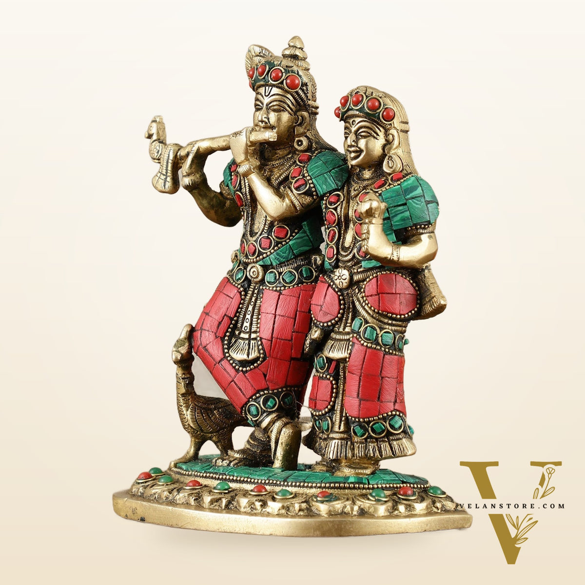 Exquisite Pure Brass Superfine Radha Krishna Idol – 7 inch stonework