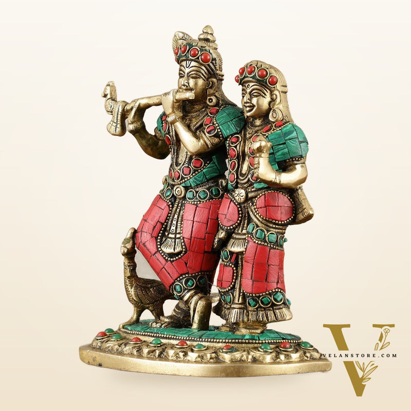 Exquisite Pure Brass Superfine Radha Krishna Idol – 7 inch stonework