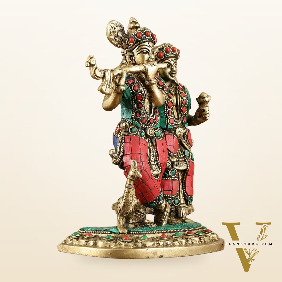 Exquisite Pure Brass Superfine Radha Krishna Idol – 7 inch stonework