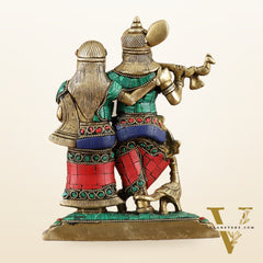 Exquisite Pure Brass Superfine Radha Krishna Idol – 7 inch stonework