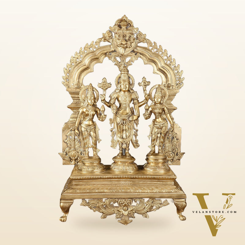Exquisite Pure Bronze Tirupati Balaji with Bhudevi and Sridevi Sculpture - 24" Hoysala Art