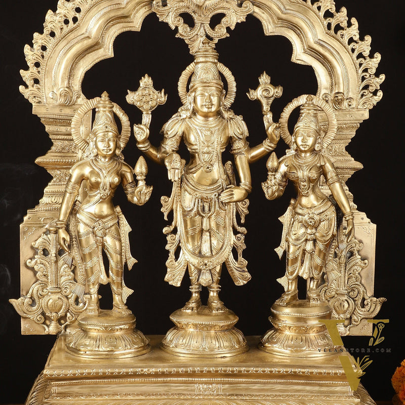 Exquisite Pure Bronze Tirupati Balaji with Bhudevi and Sridevi Sculpture - 24" Hoysala Art