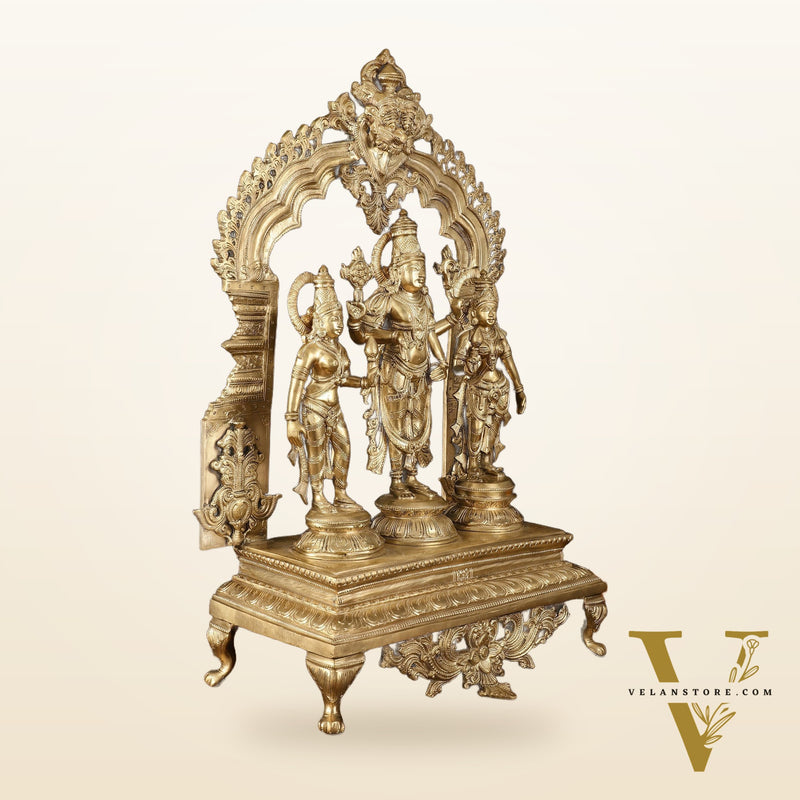 Exquisite Pure Bronze Tirupati Balaji with Bhudevi and Sridevi Sculpture - 24" Hoysala Art