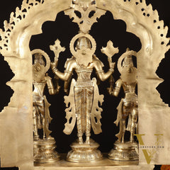 Exquisite Pure Bronze Tirupati Balaji with Bhudevi and Sridevi Sculpture - 24" Hoysala Art