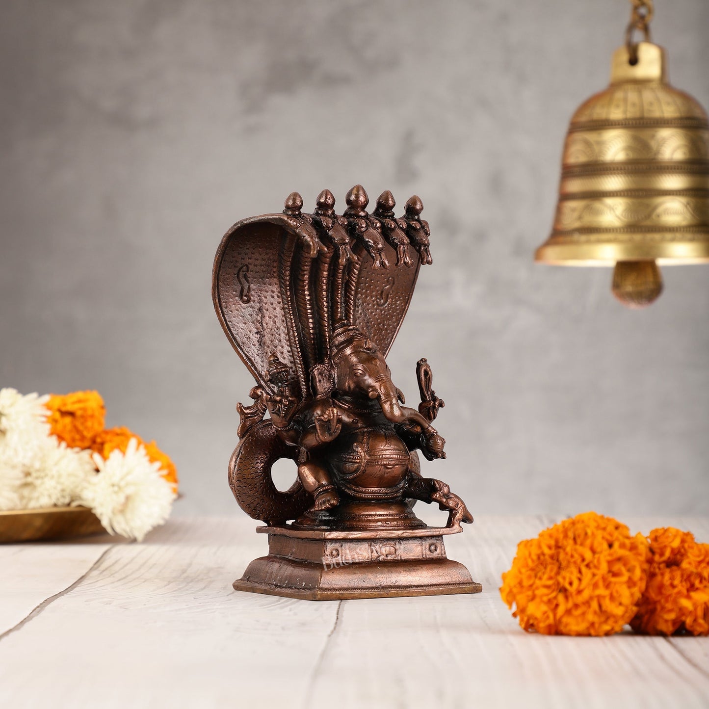 Exquisite Pure Copper Lord Ganesha Statue with Adishesha Nag - 6"