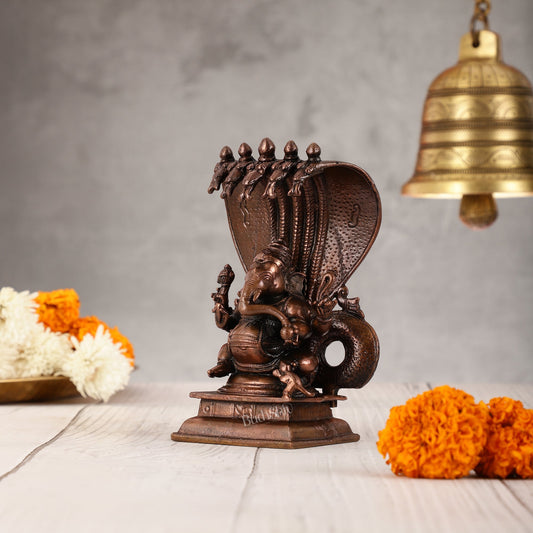 Exquisite Pure Copper Lord Ganesha Statue with Adishesha Nag - 6"