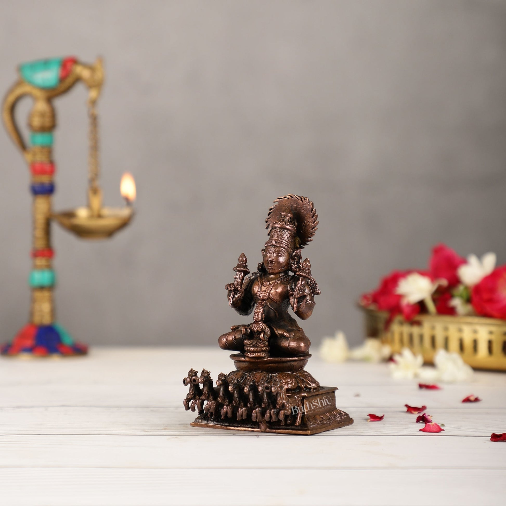 Exquisite Pure Copper Surya Dev Rath Idol - Handcrafted 4.5 Inch Statue