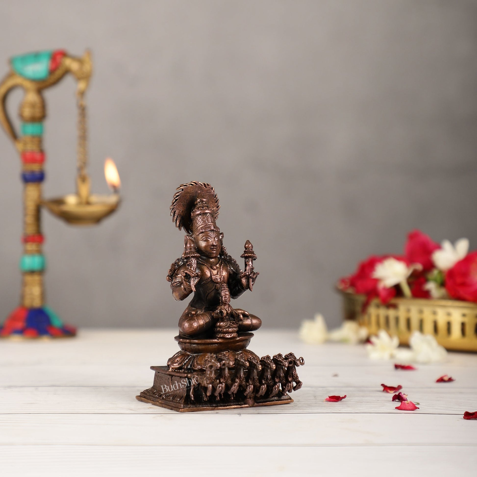 Exquisite Pure Copper Surya Dev Rath Idol - Handcrafted 4.5 Inch Statue