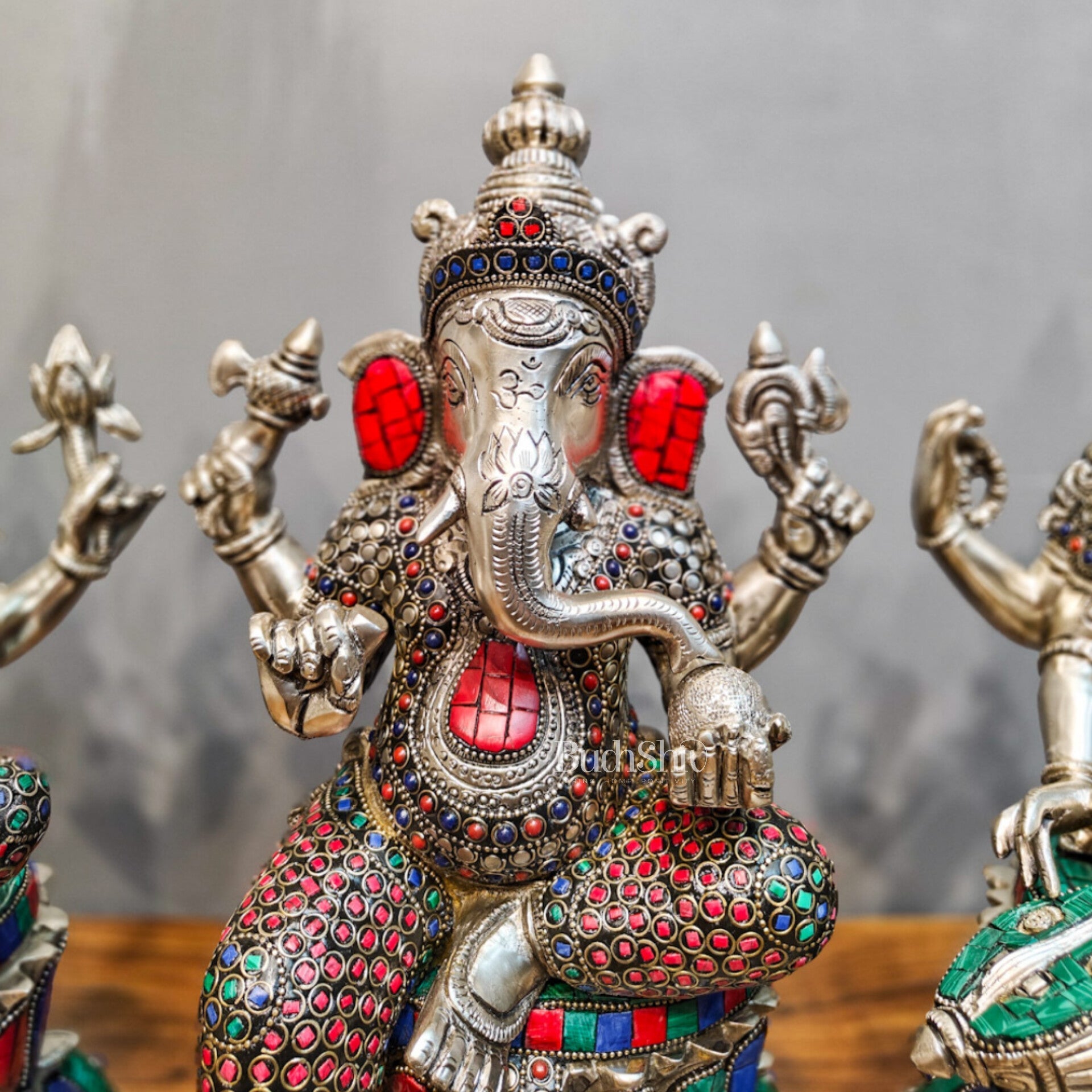 Exquisite silver plated 15-Inch Brass Ganesha, Lakshmi & Saraswati Idols | Divine Trio