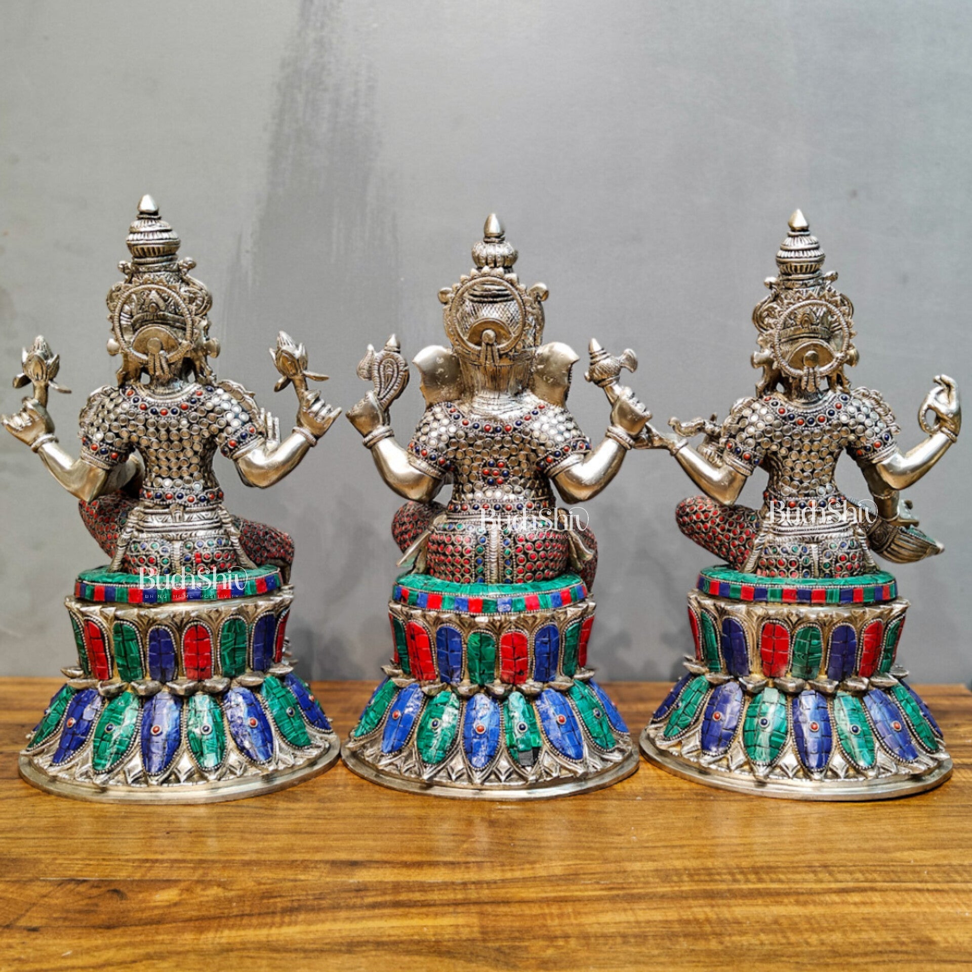 Exquisite silver plated 15-Inch Brass Ganesha, Lakshmi & Saraswati Idols | Divine Trio