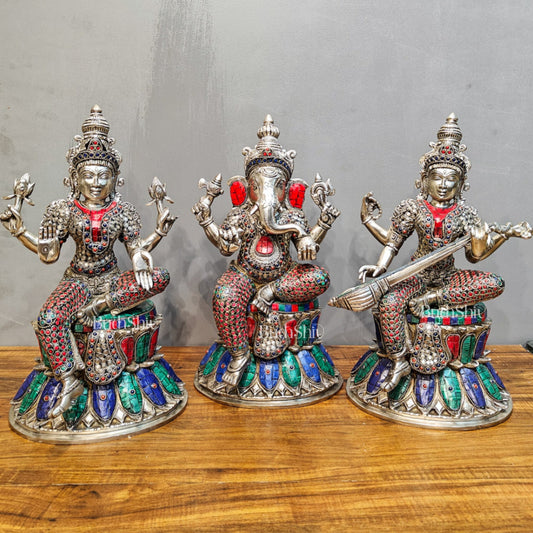 Exquisite silver plated 15-Inch Brass Ganesha, Lakshmi & Saraswati Idols | Divine Trio