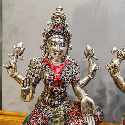 Exquisite silver plated 15-Inch Brass Ganesha, Lakshmi & Saraswati Idols | Divine Trio