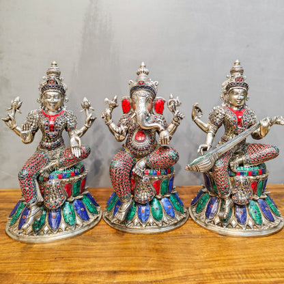 Exquisite silver plated 15-Inch Brass Ganesha, Lakshmi & Saraswati Idols | Divine Trio