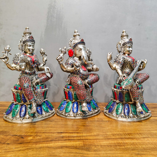 Exquisite silver plated 15-Inch Brass Ganesha, Lakshmi & Saraswati Idols | Divine Trio