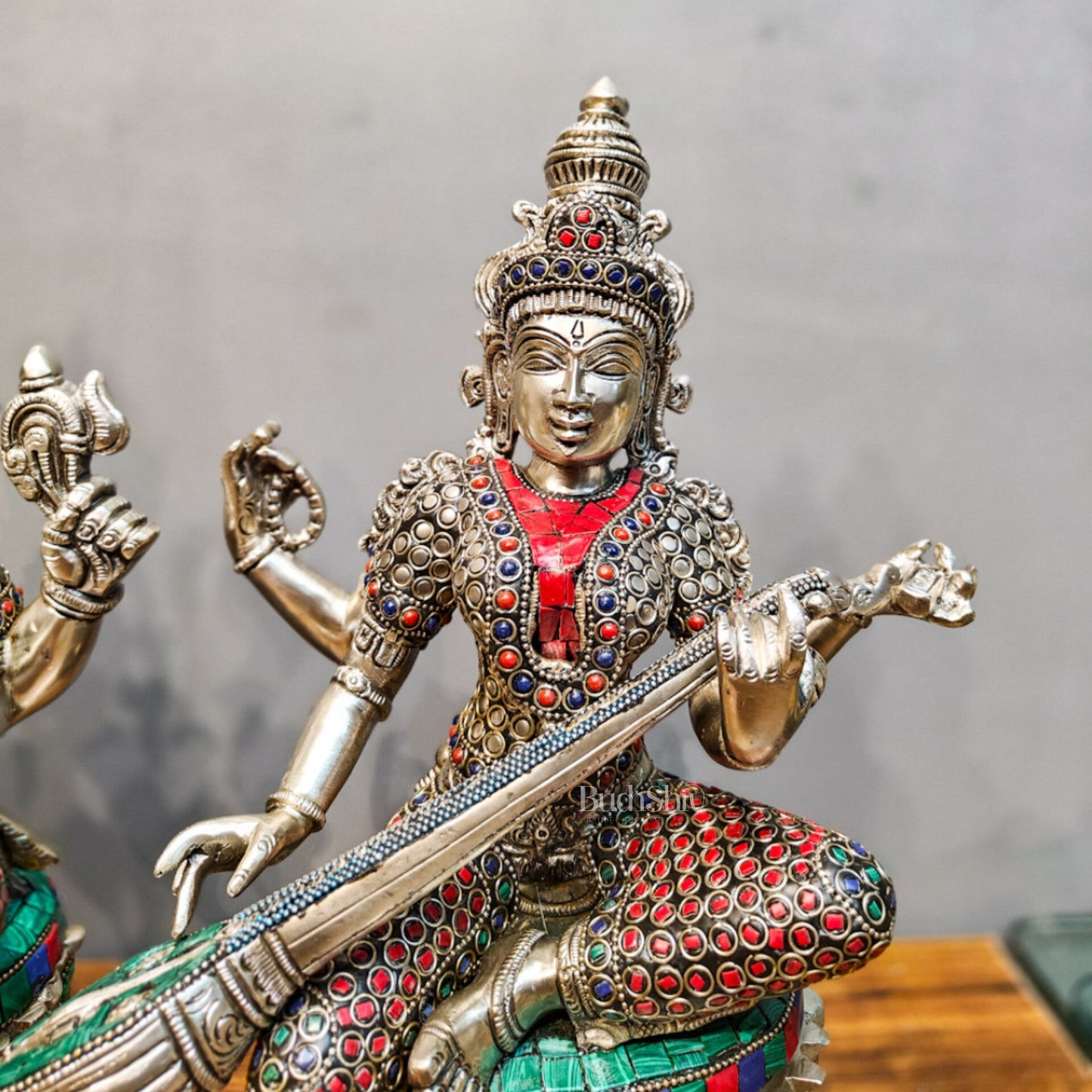 Exquisite silver plated 15-Inch Brass Ganesha, Lakshmi & Saraswati Idols | Divine Trio