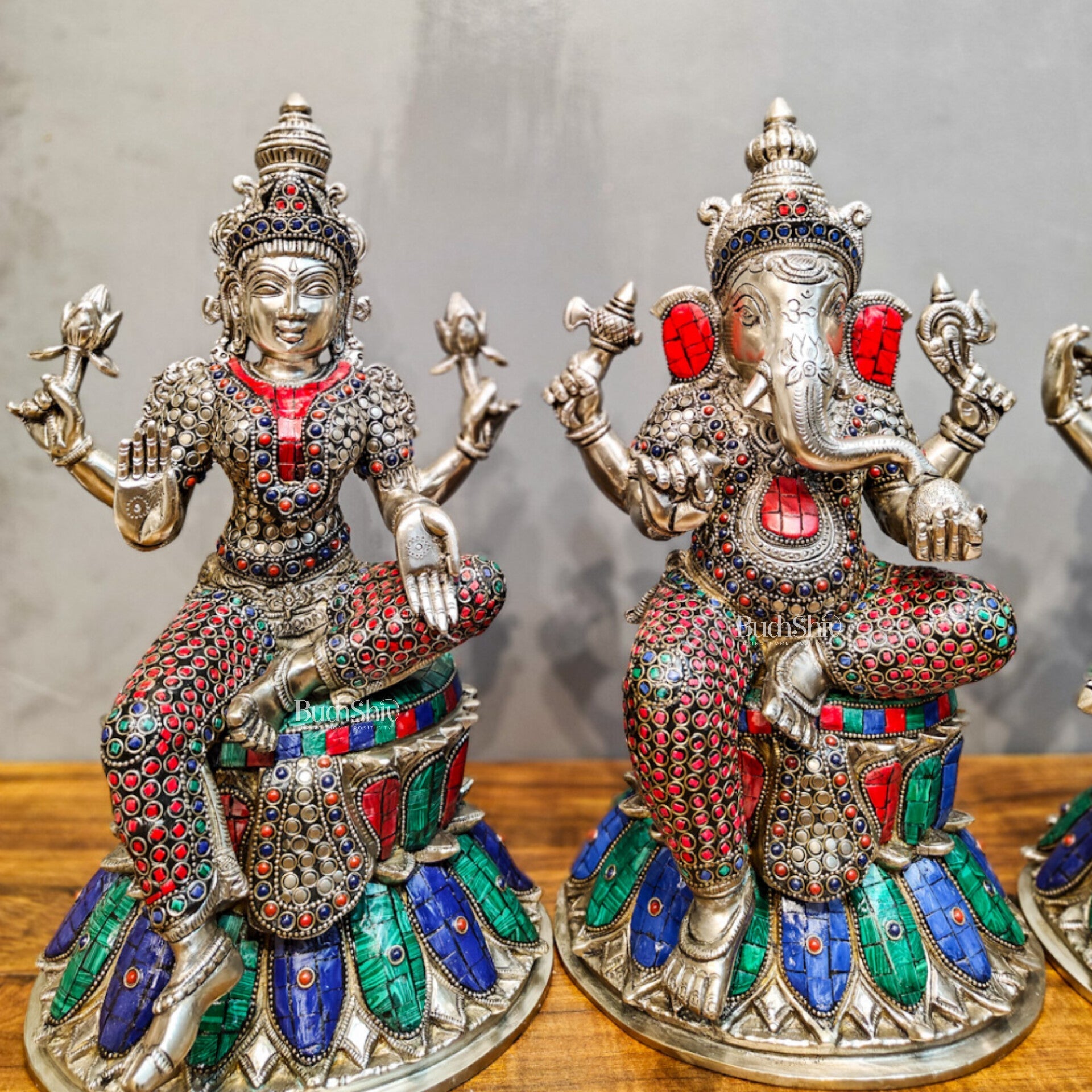 Exquisite silver plated 15-Inch Brass Ganesha, Lakshmi & Saraswati Idols | Divine Trio