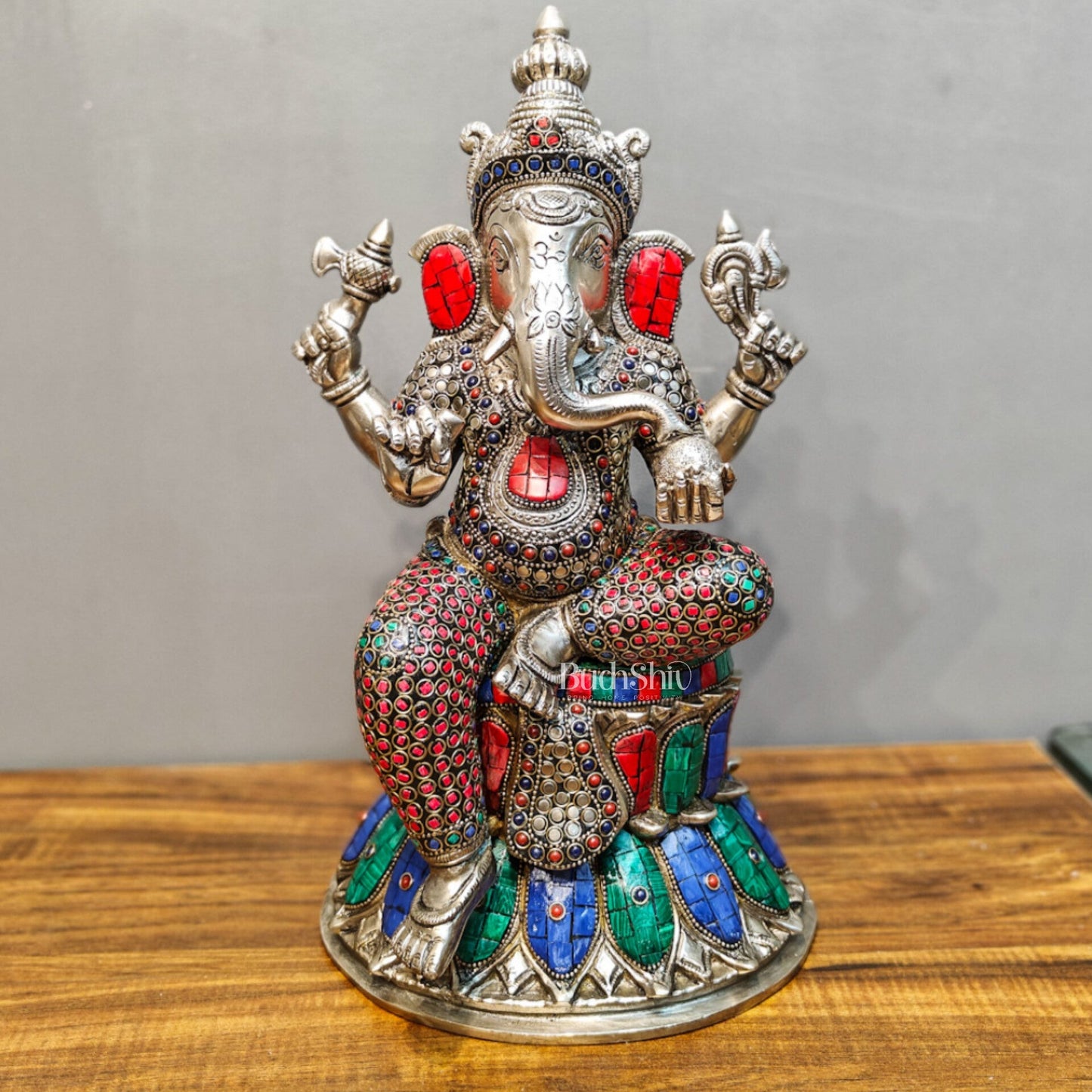 Exquisite silver plated 15-Inch Brass Ganesha, Lakshmi & Saraswati Idols | Divine Trio