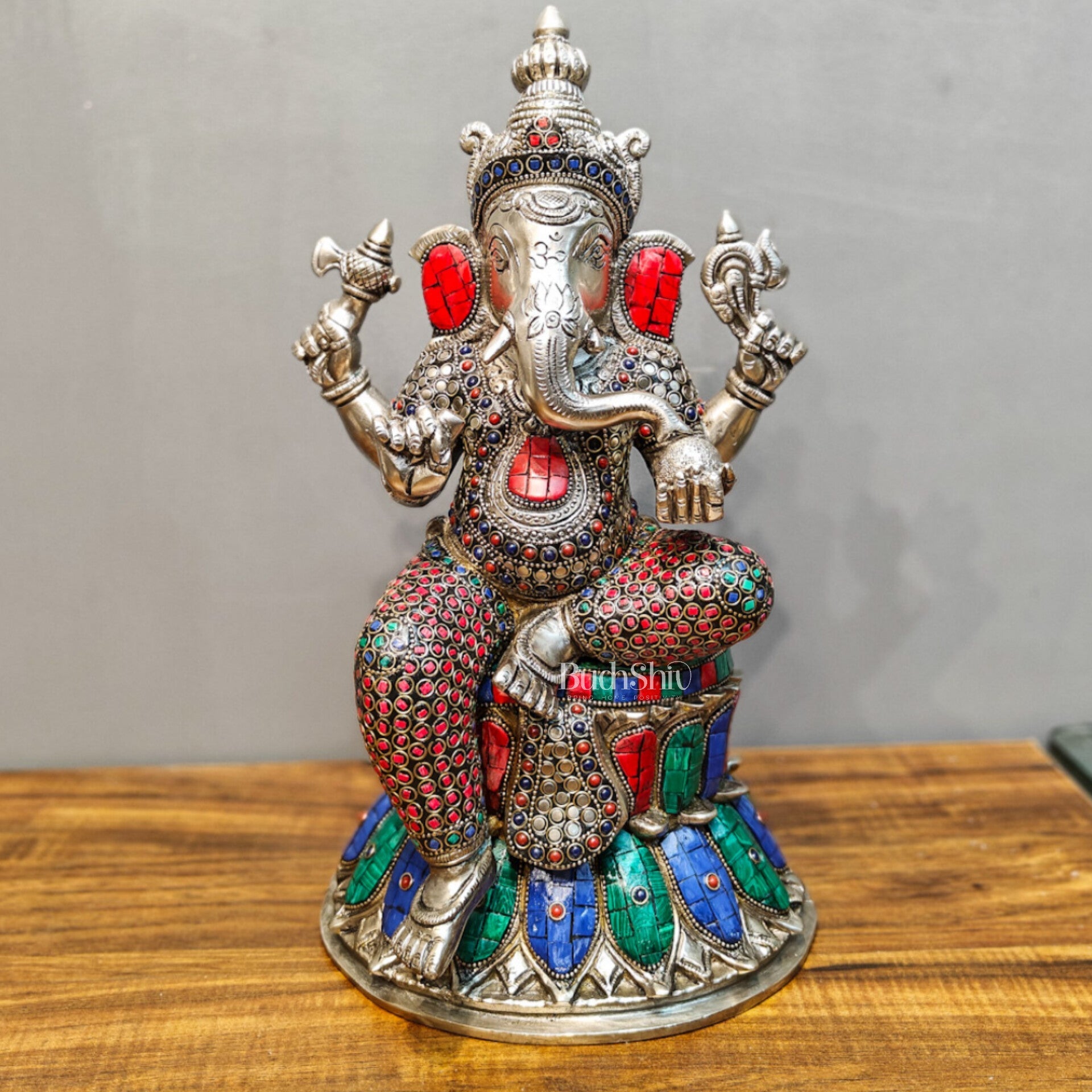 Exquisite silver plated 15-Inch Brass Ganesha, Lakshmi & Saraswati Idols | Divine Trio